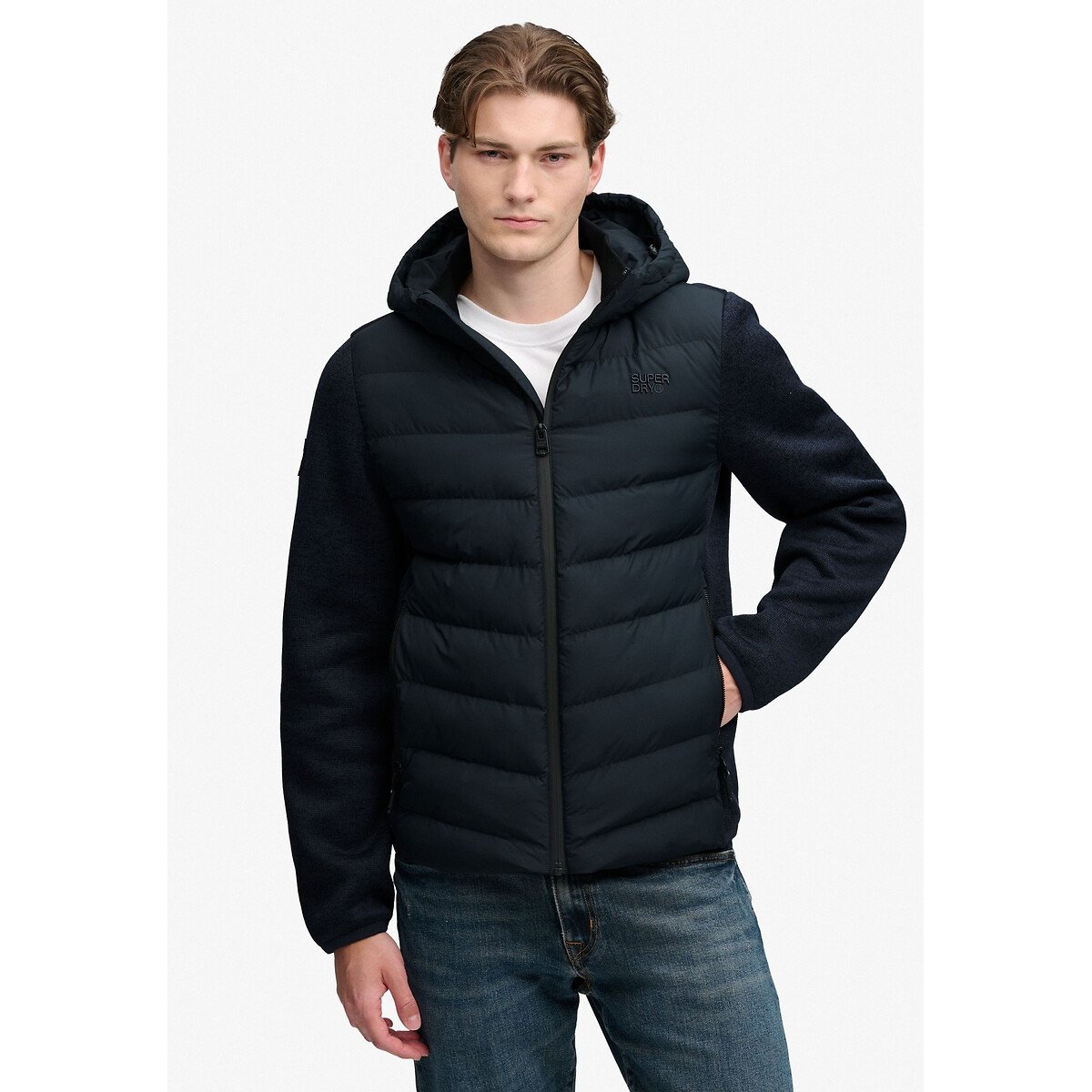 Veste hybride, en maille, à capuche bleu marine, SUPERDRY
