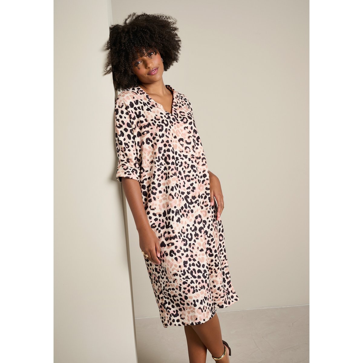 Robe midi imprimée léopard blanc vanille, LOLALIZA