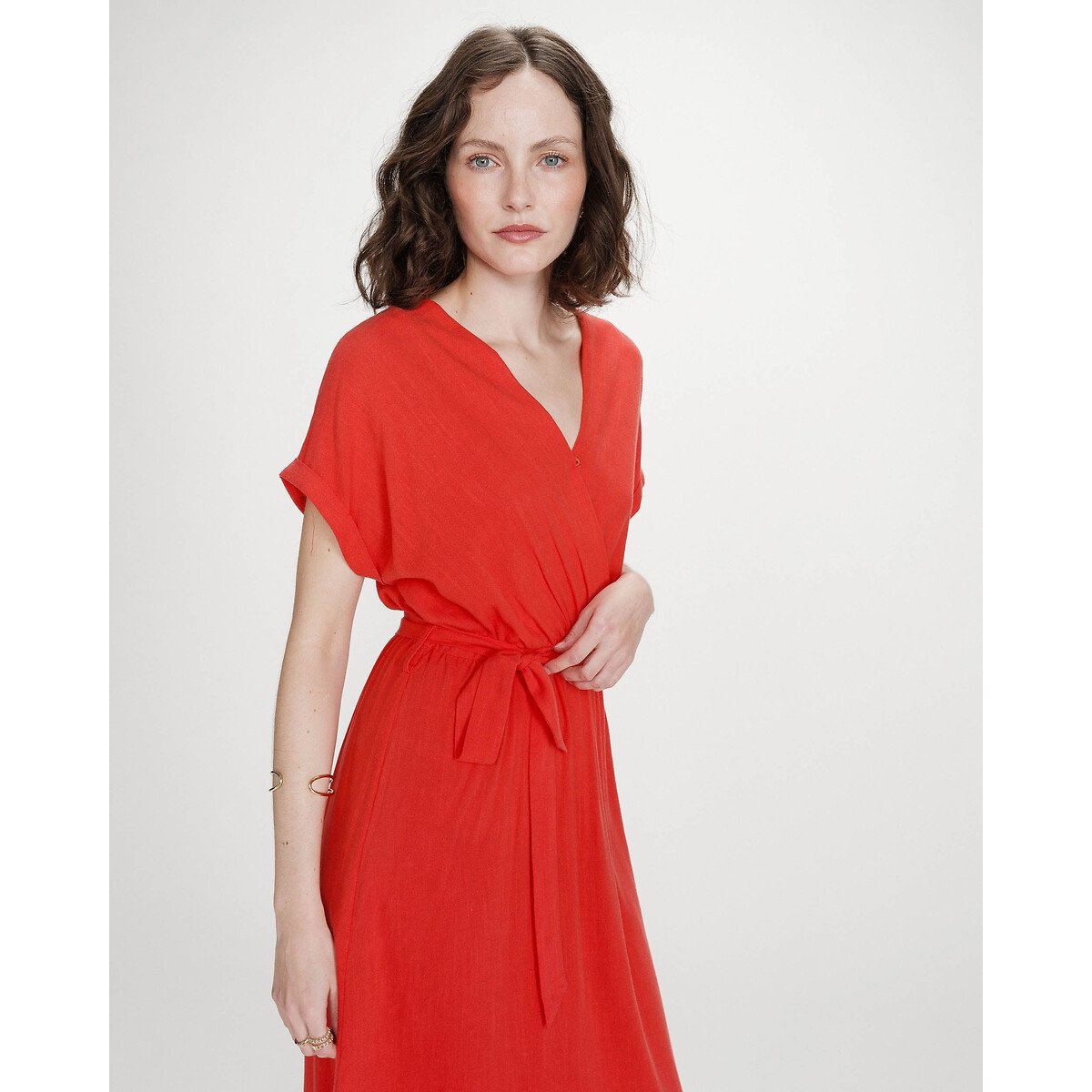 Lange, soepelvallende jurk met ceintuur, V-hals, POLLEN rood oranje, GRACE & MILA