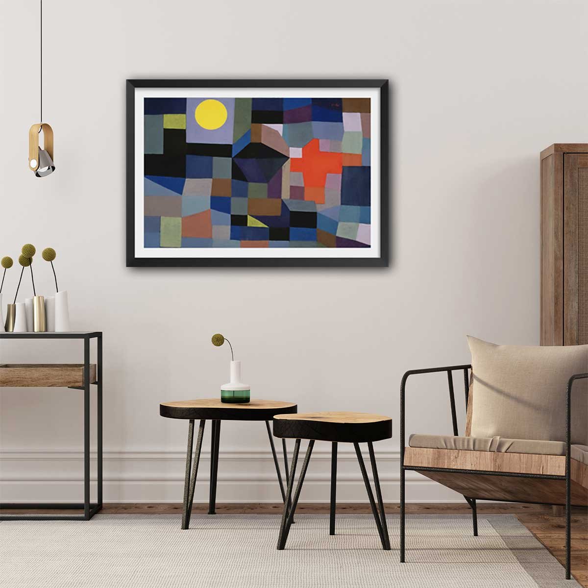 Poster Feu par pleine lune par Paul Klee affiche + cadre en bois - noir, HEXOA