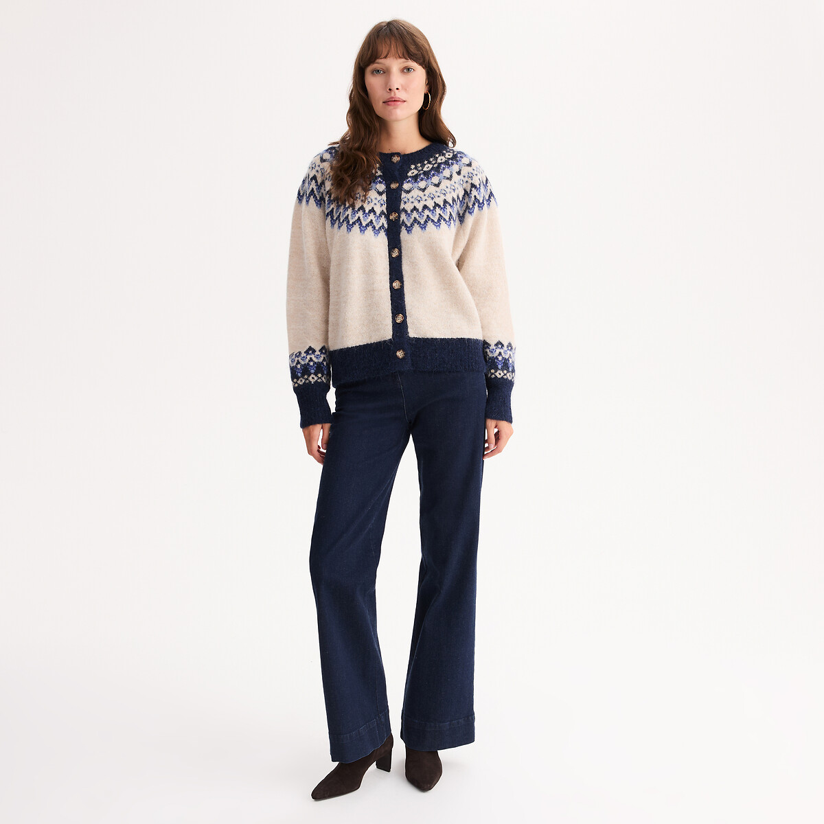 Alpaca Blend Jacquard Cardigan in Chunky Knit jacquard, ANNE WEYBURN