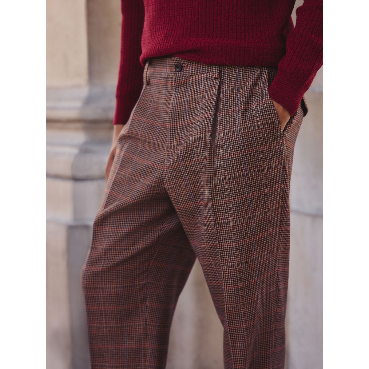 Pantalon de costume slim en laine à carreaux beige/rouge, NEXT