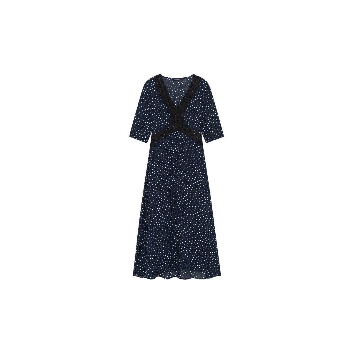 Robe longue cintrée col v RUMBA bleu marine, CAROLL