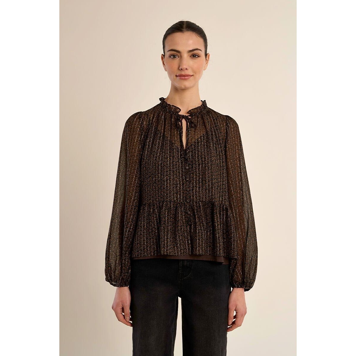 Blouse en voile avec fils métallisés dorés noir, MOLLY BRACKEN