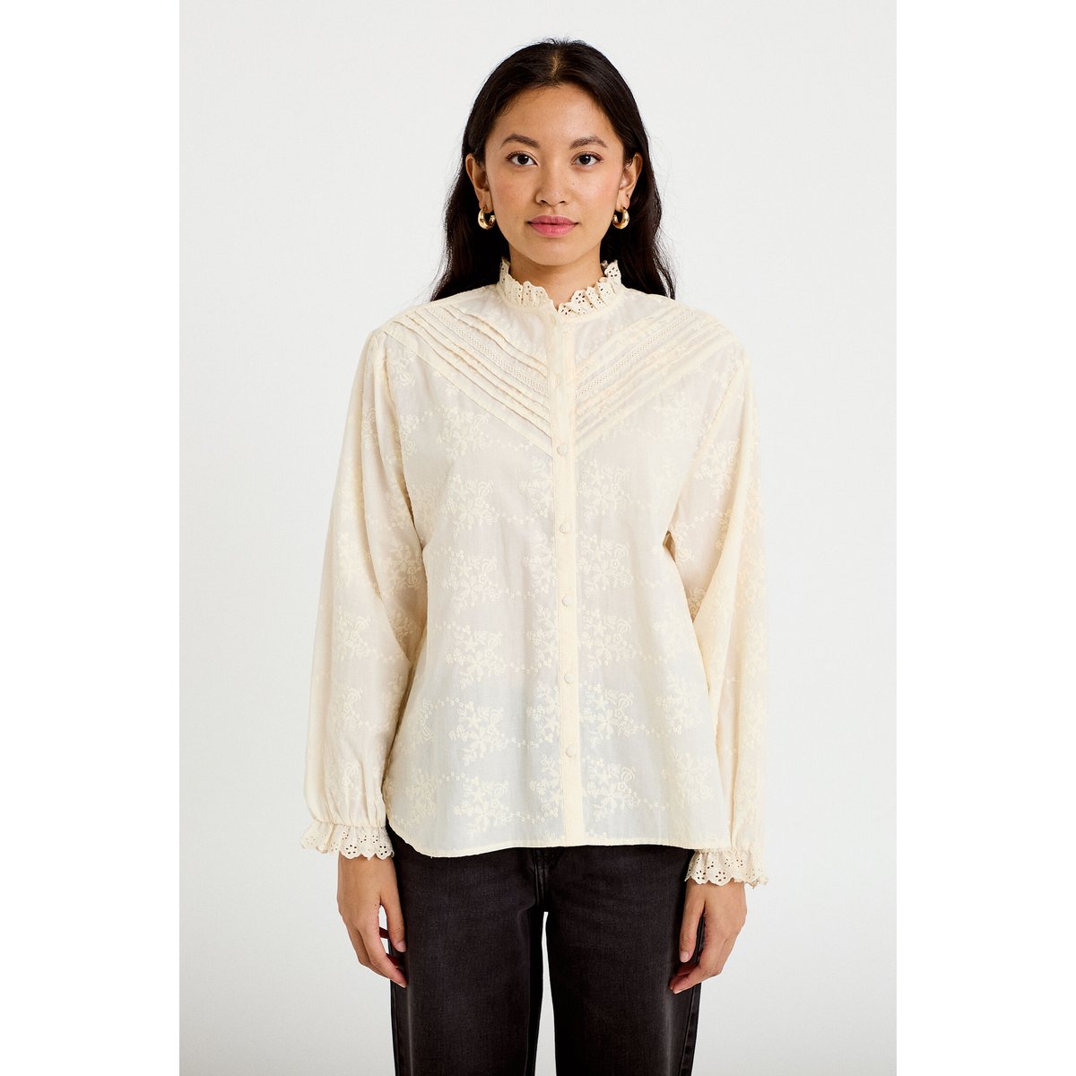 Blouse ample col montant manches longues ivoire, CACHE CACHE