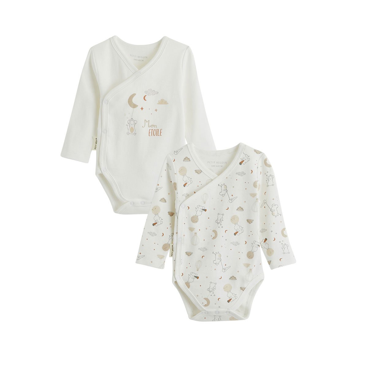 Lot de 2 bodies bébé manches longues ouverture croisée Eliah ecru, PETIT BEGUIN