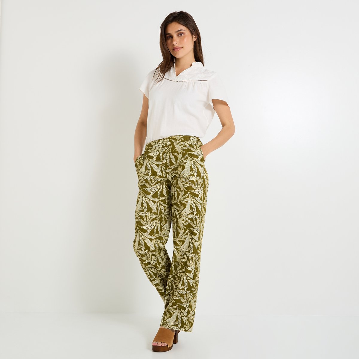 Pantalon imprimé mélange lin vert olive, GRAIN DE MALICE