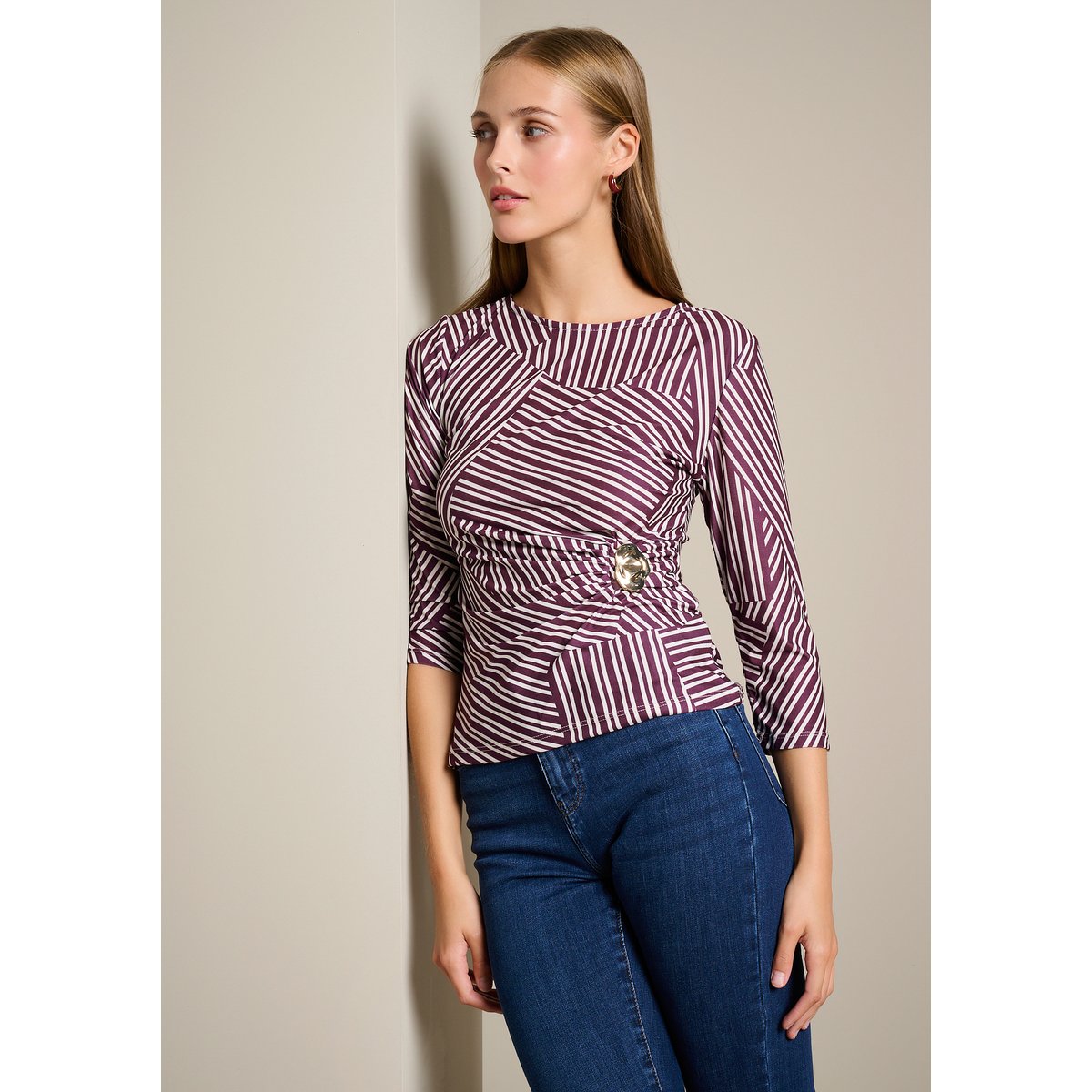 Top drapé à imprimé graphique aubergine, LOLALIZA