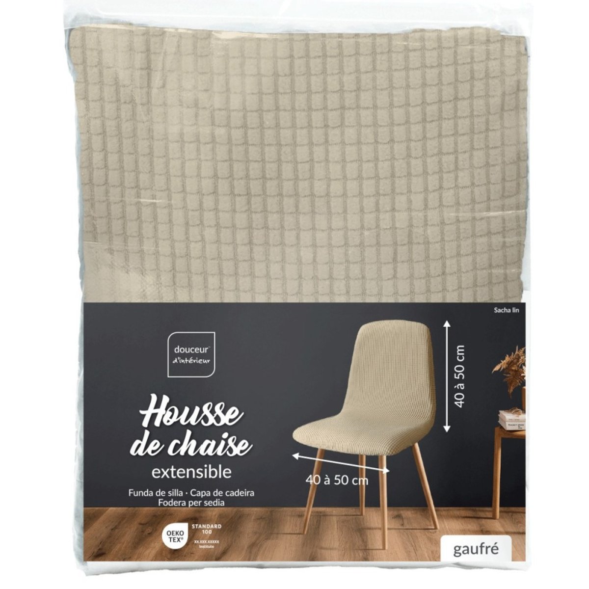 Housse de chaise scandinave extensible en polyester gaufré lin, DECORATIE