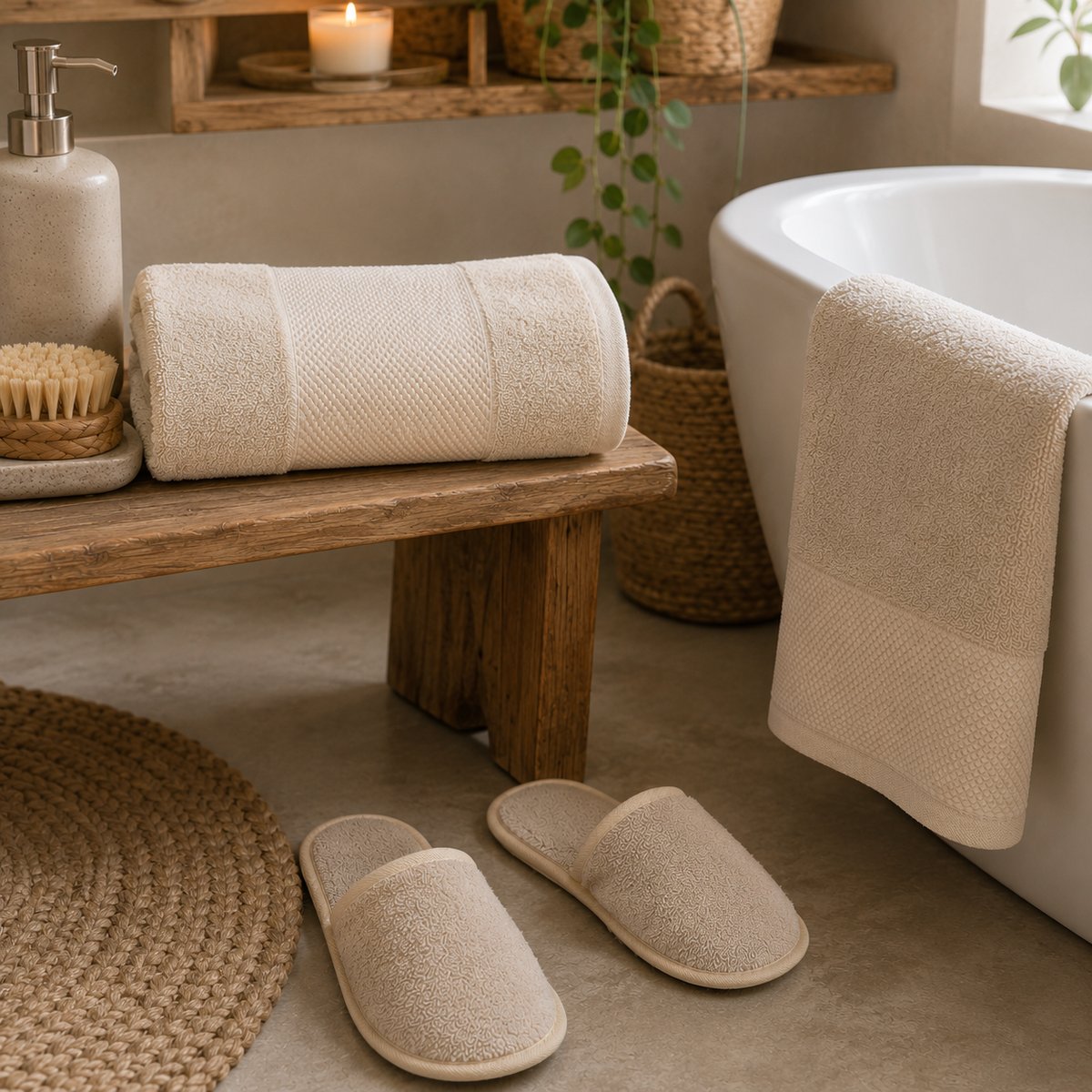 Chausson de bain en coton éponge imperméable mixte SPA ivoire, LINANDELLE