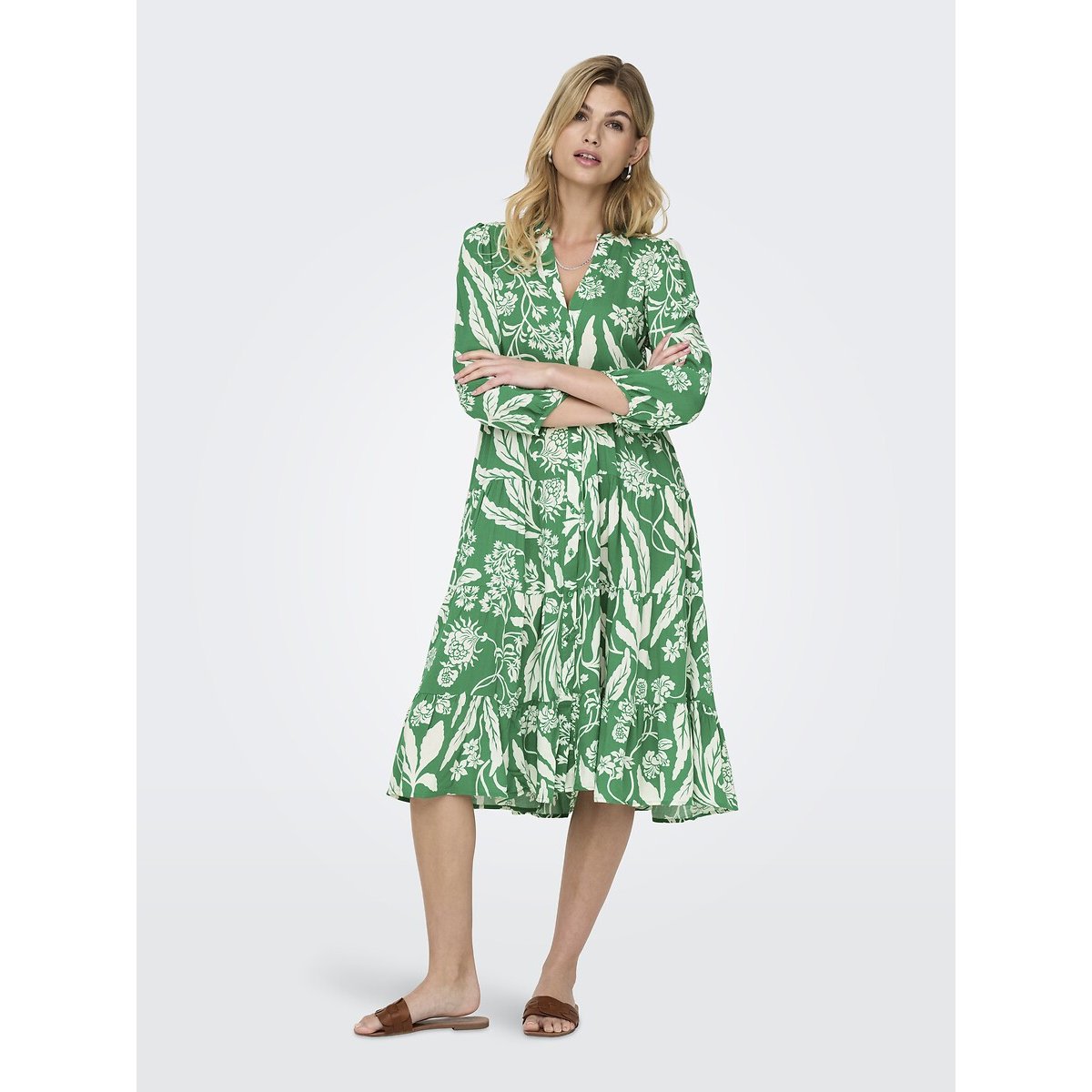 Robe longue manches longues imprimée imprimé vert, ONLY