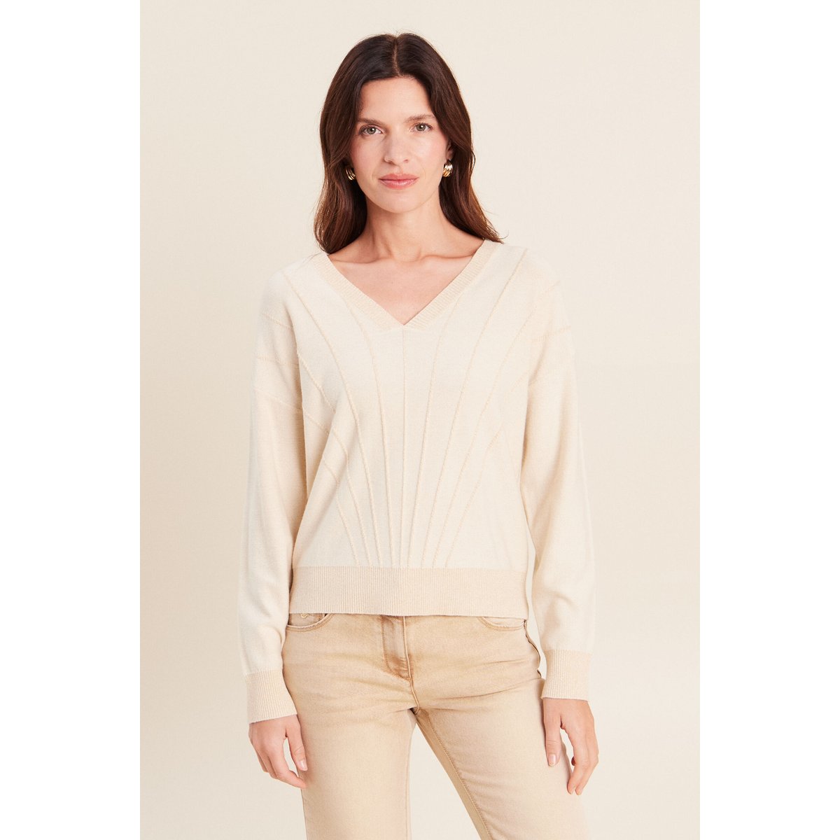 Pull ajusté col v manches longues couleur or, BREAL