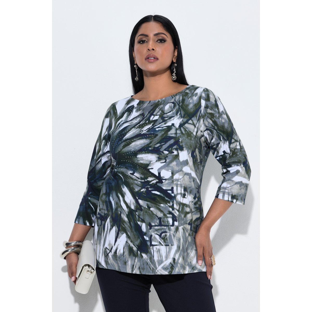 T-shirt en coton Pima. Petits strass. marine foncé, ULLA POPKEN