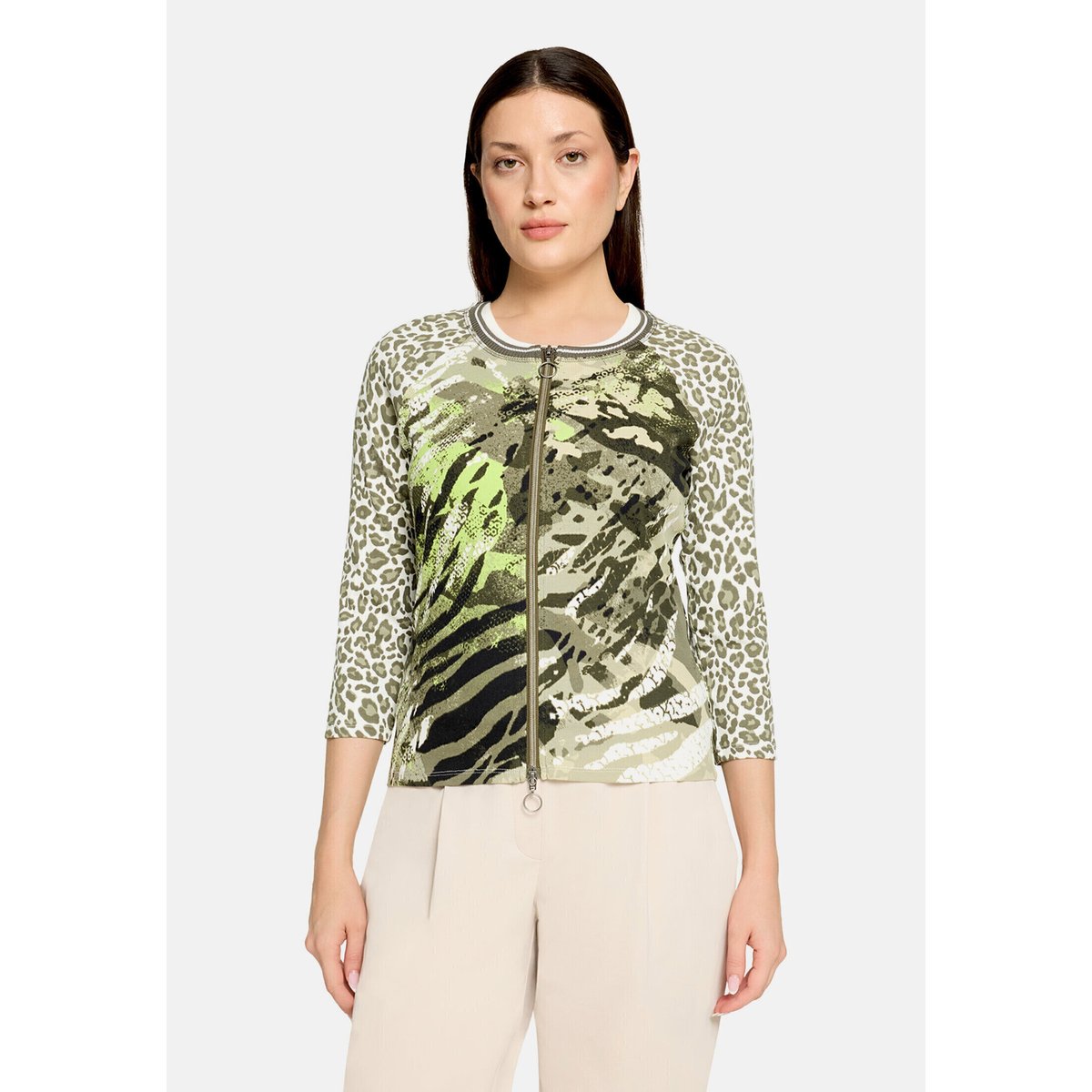 Cardigan façon t-shirt de texture côtelée khaki/cream, BETTY BARCLAY