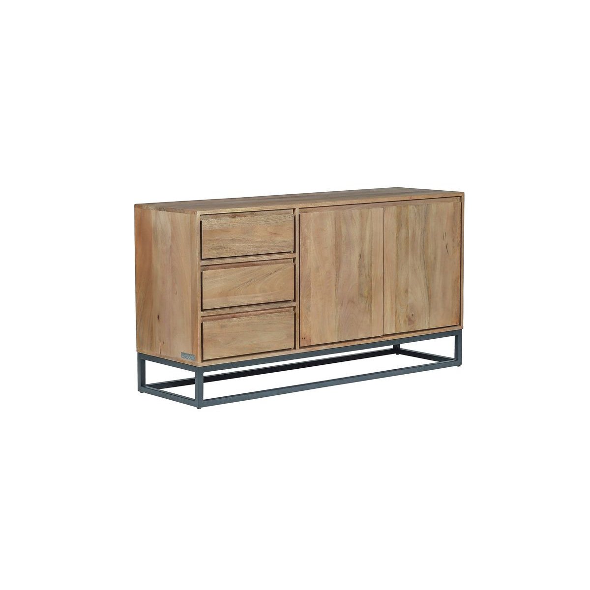Buffet bas en bois massif 2 portes 3 tiroirs 150 cm, BERGERAC marron clair, BOBOCHIC