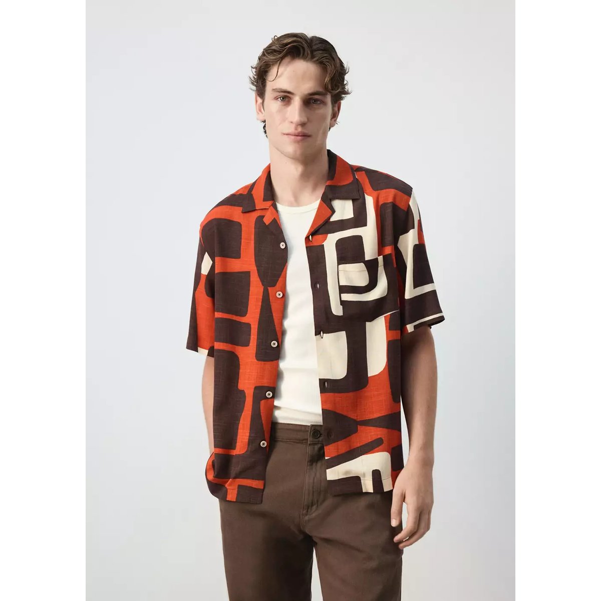 Chemise imprimée col bowling orange brûlé, MANGO MAN