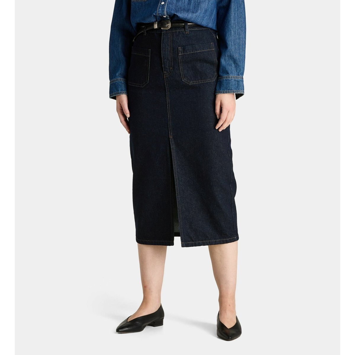 Jupe redford skirt droite et longue en denim de coton bleu foncé, GALERIES LAFAYETTE