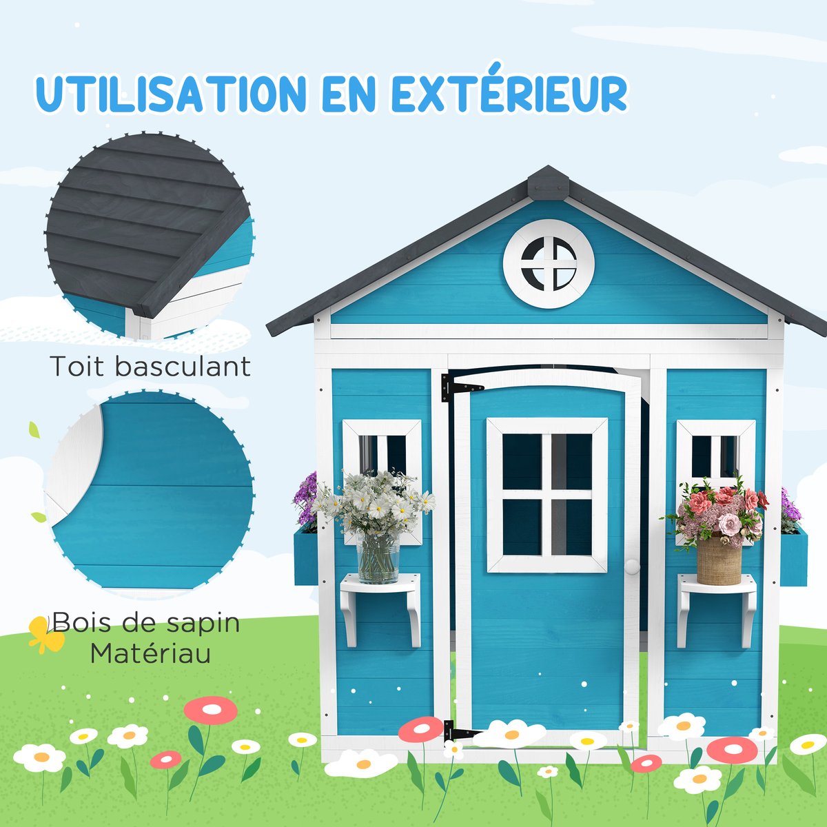 Maisonnette pour enfants Bois massif Bleu bleu, OUTSUNNY