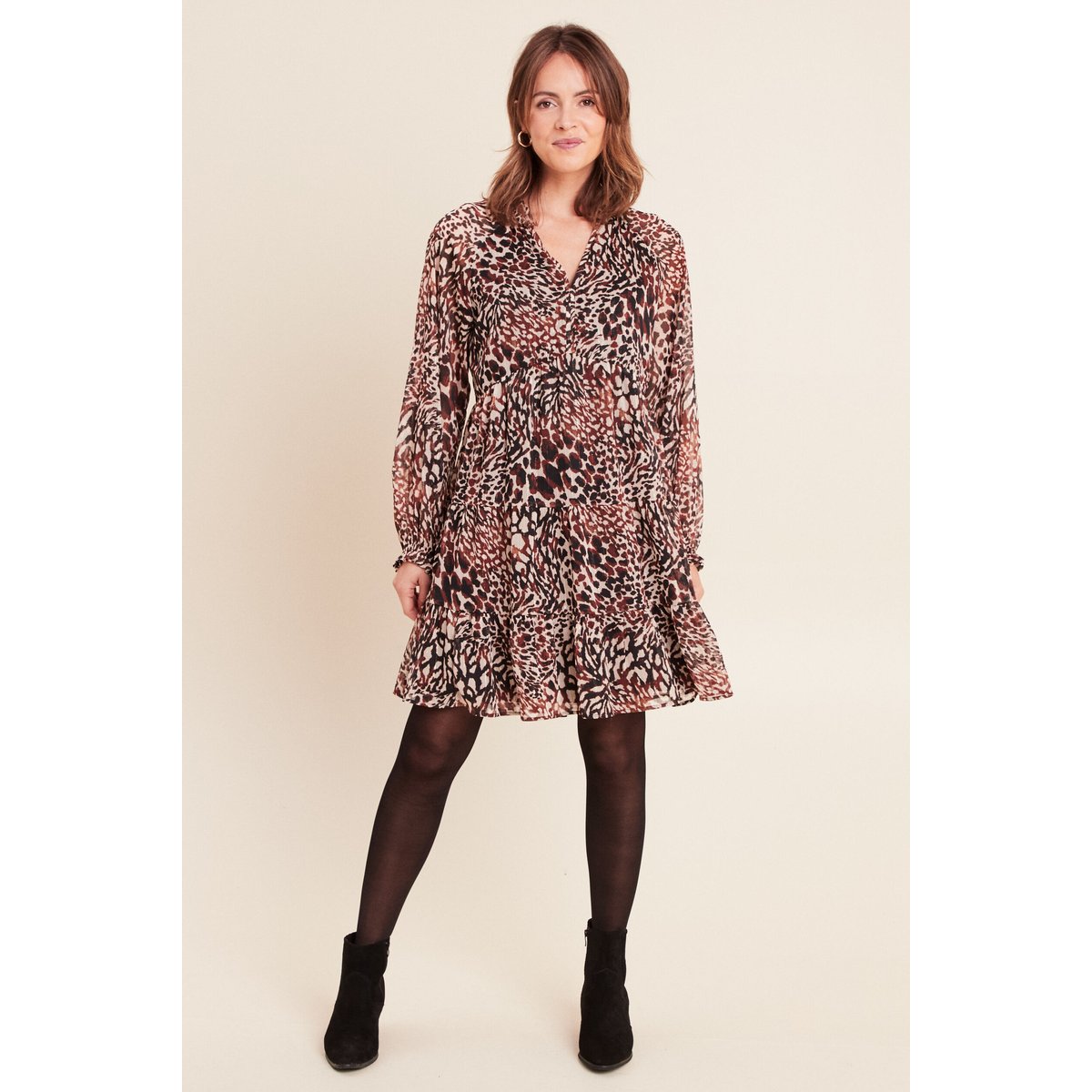 Robe courte évasée col v manches longues marron, BREAL