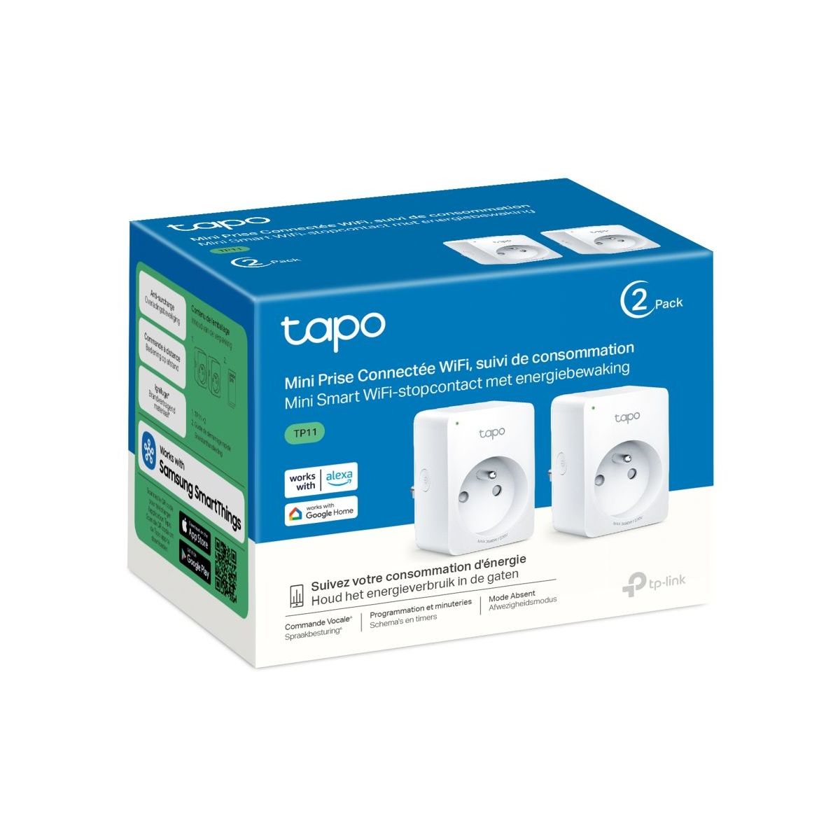 Prise connectée Pack de 2xTP11 wifi couleur unique, TP-LINK
