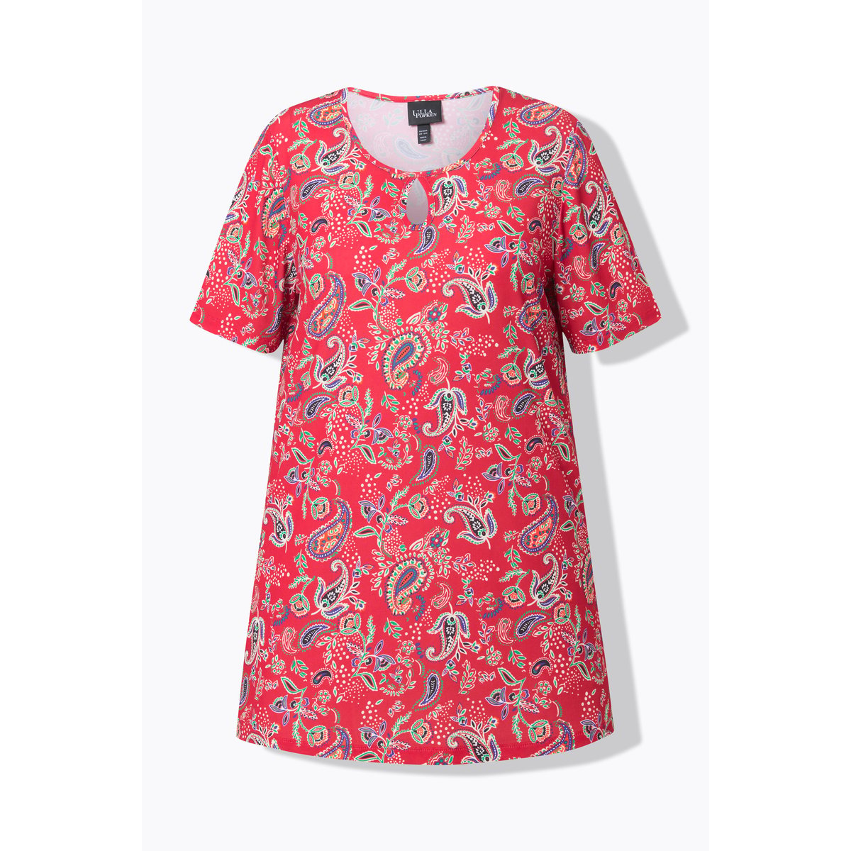 T-shirt long à manches courtes. Col rond bleu paon, ULLA POPKEN