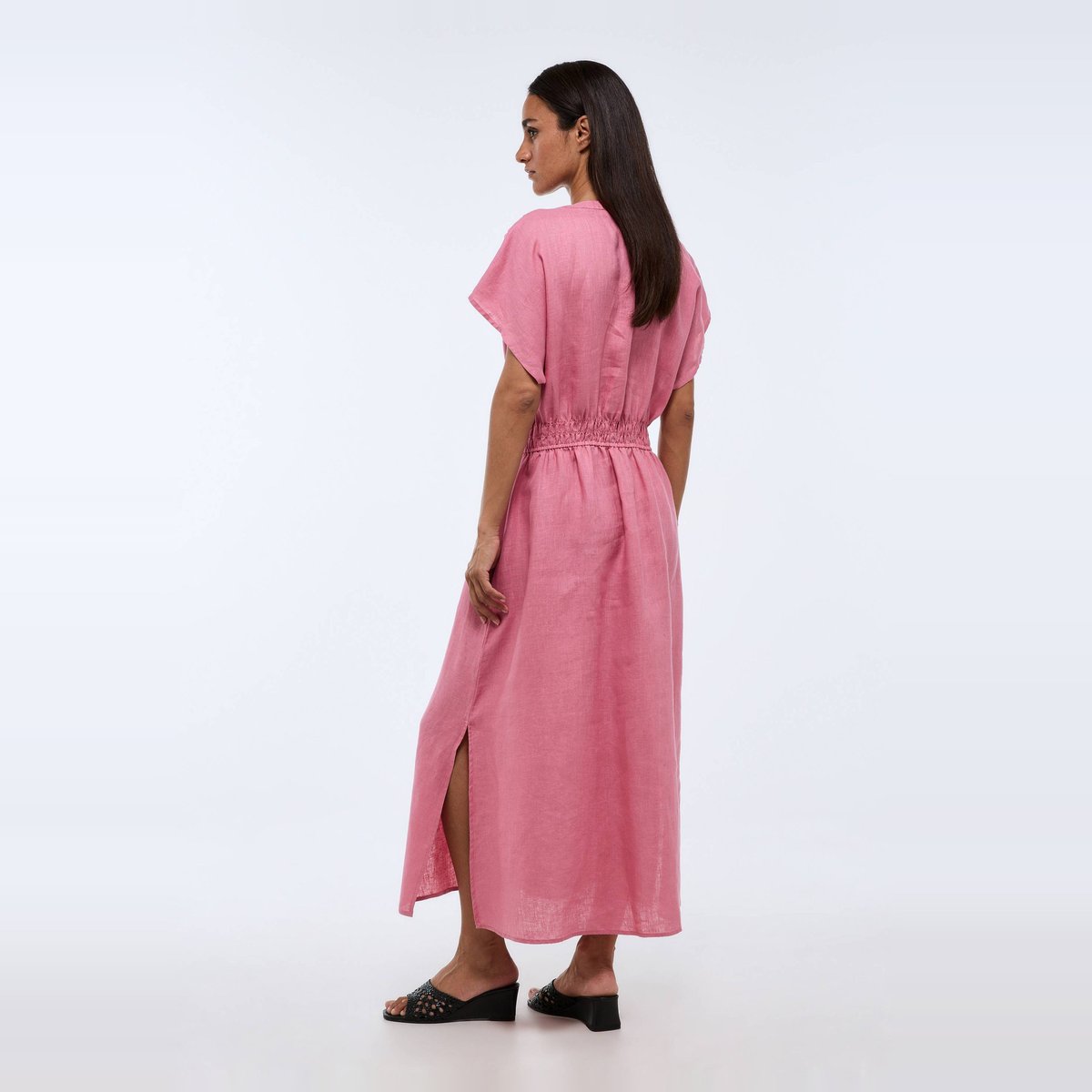 Robe midi unie en lin azalee, MONOPRIX