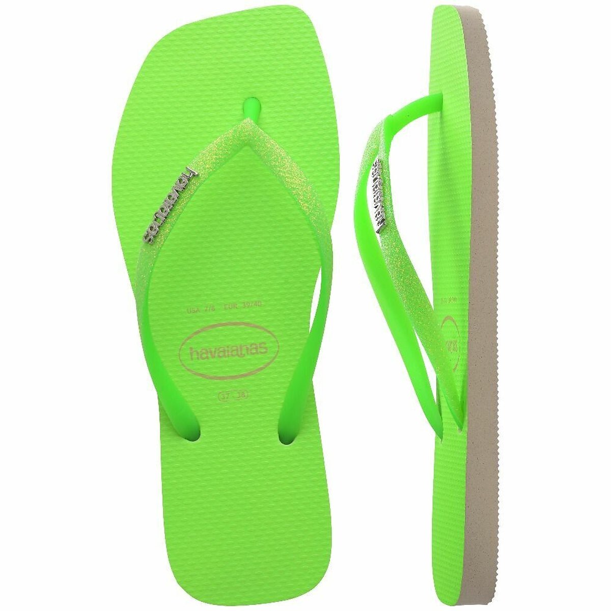 Teenslippers Slim Square Glitter Neon fluo groen, HAVAIANAS