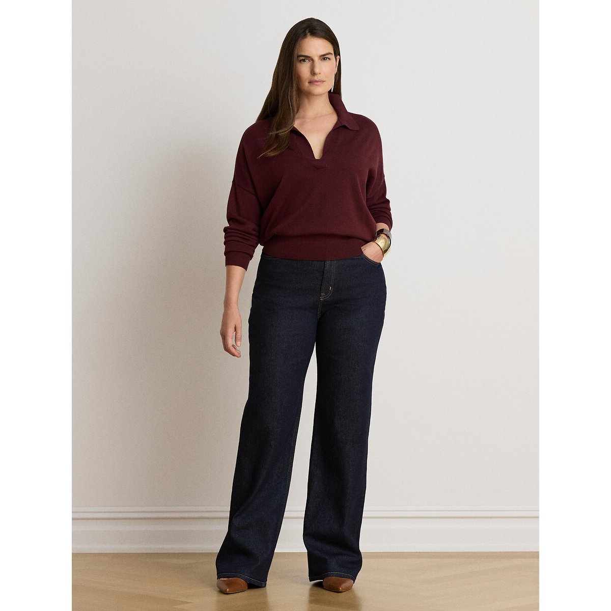 Jersey con cuello polo, camisa de punto fino burdeos, LAUREN RALPH LAUREN