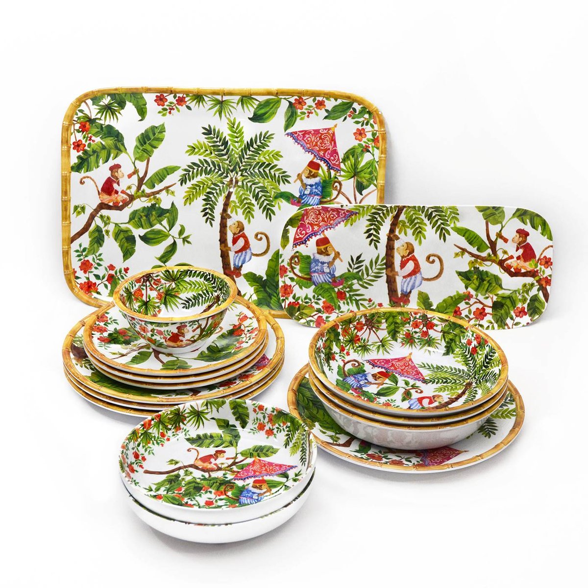 Saladier profond Singes de Bali 25 cm vert, rouge, rose, LES JARDINS DE LA COMTESSE