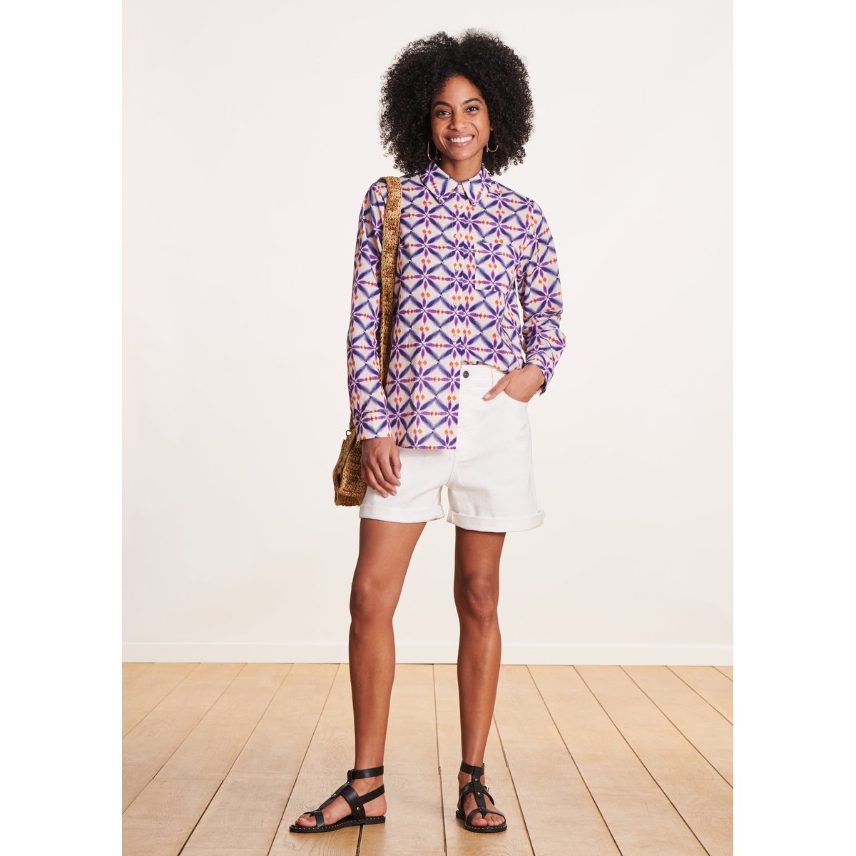 Chemise en voile de coton imprimé violet, LA FEE MARABOUTEE