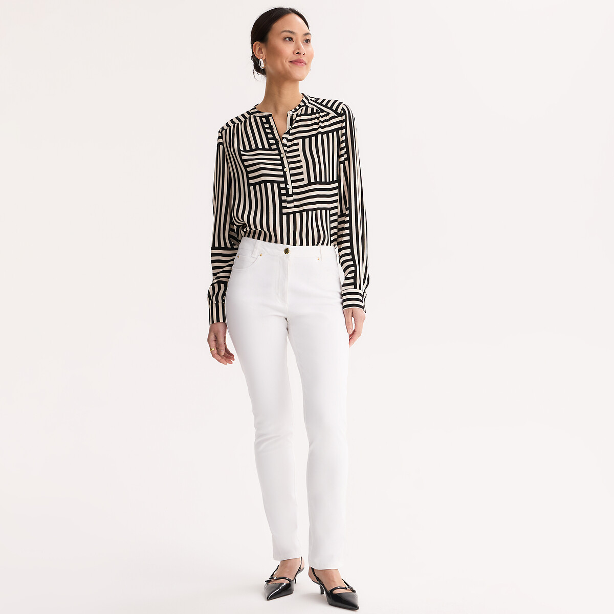 Calças direitas, 5 bolsos, algodão stretch branco, ANNE WEYBURN