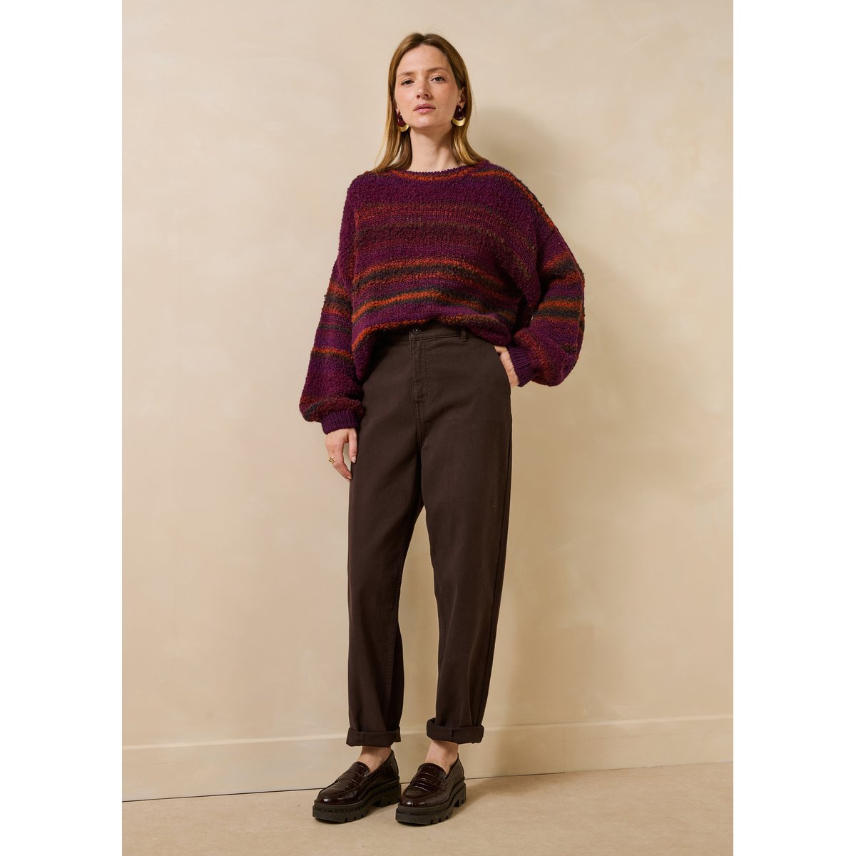 Pull manches longues col rond rayé bordeaux, LA FEE MARABOUTEE