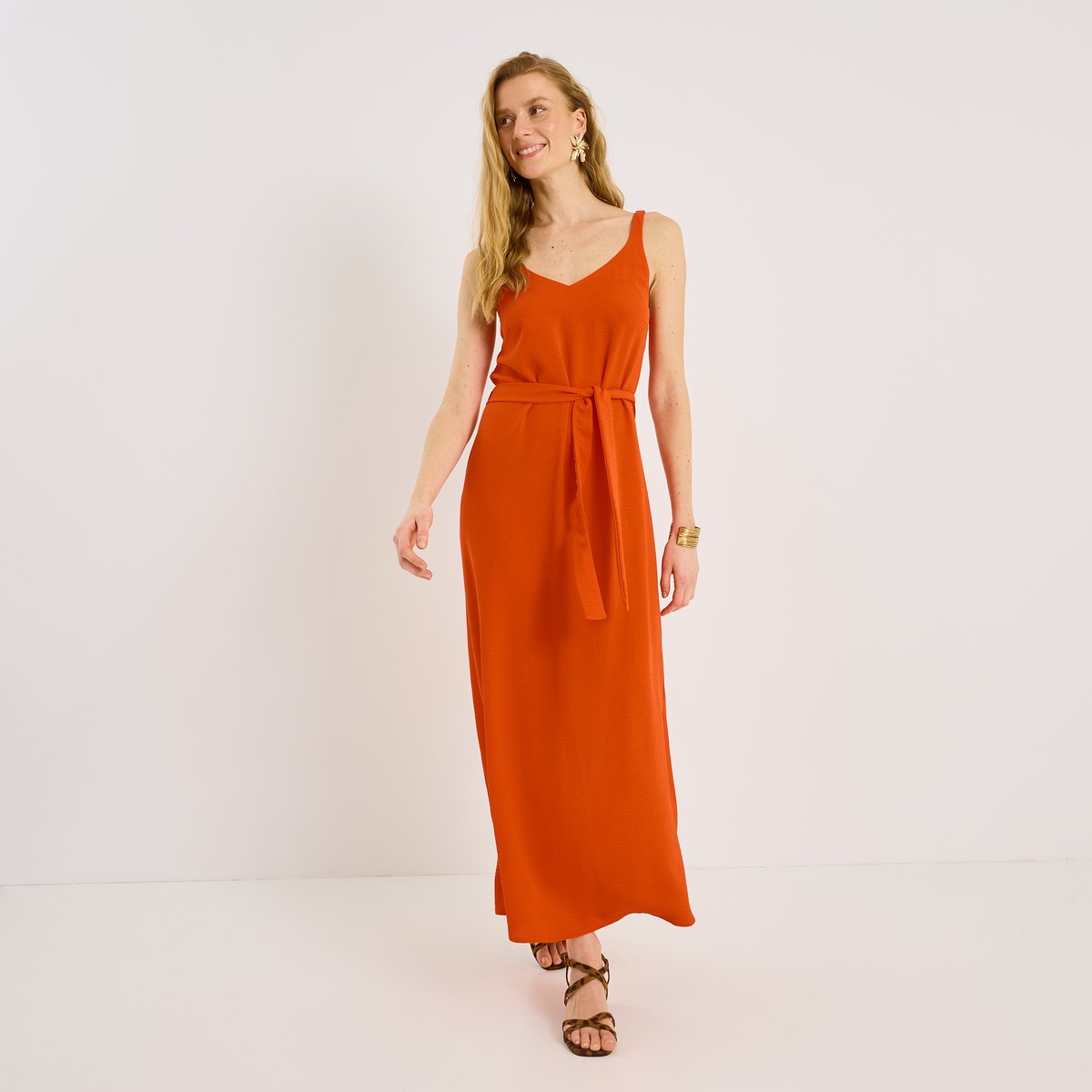 Robe longue unie infroissable à nouer orange, GRAIN DE MALICE