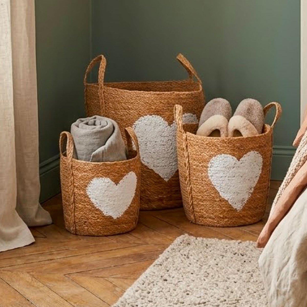 Set de 3 paniers ronds tressés coeurs 37x35x30cm bois, WADIGA