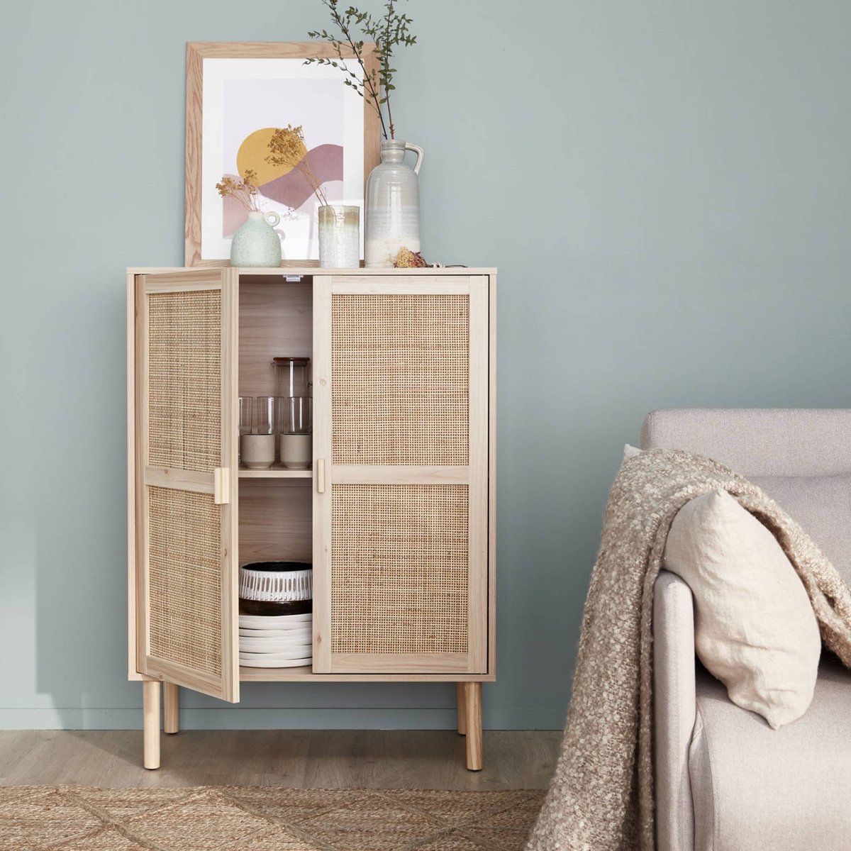 Buffet décor bois et cannage 2 portes 80cm CAMARGUE naturel, SWEEEK