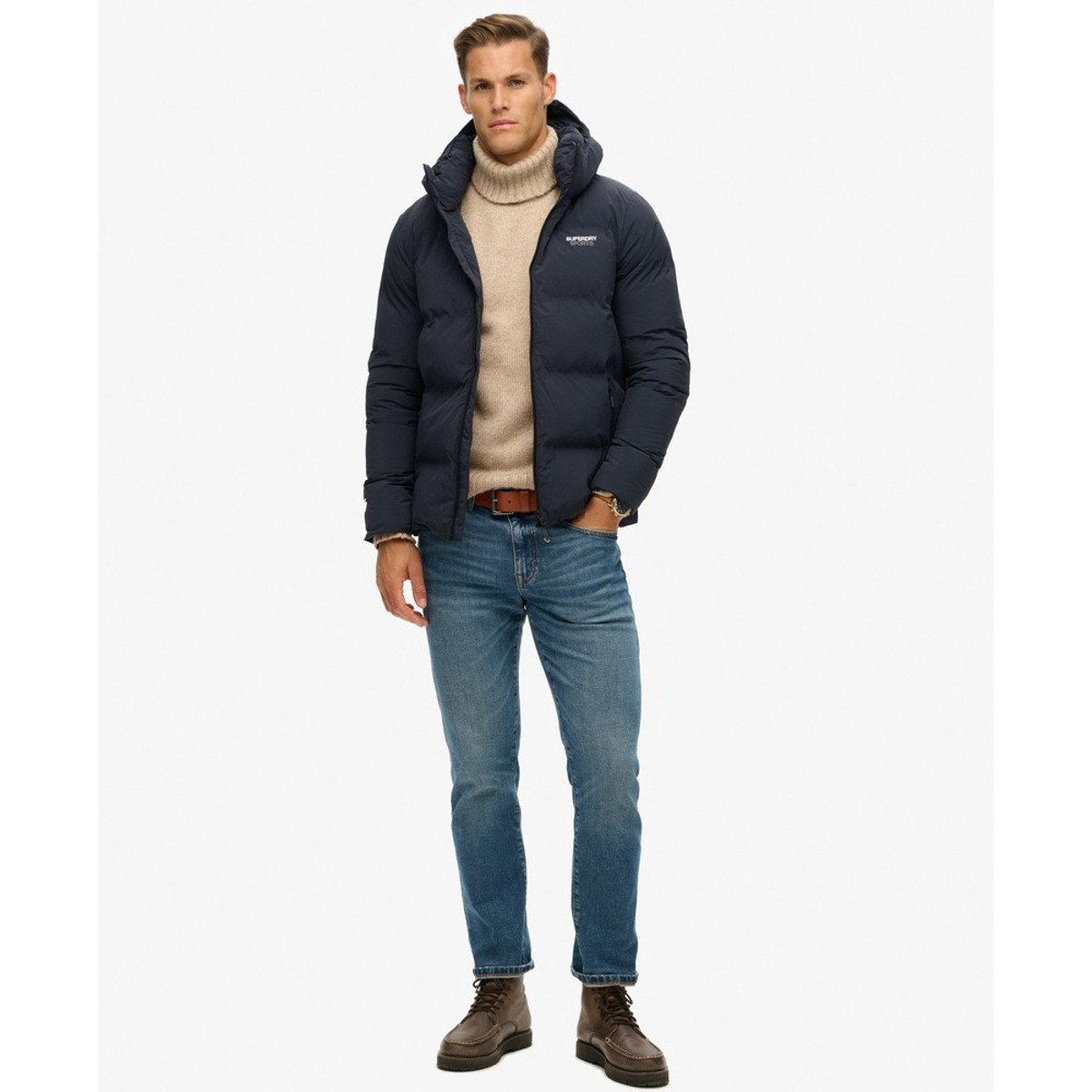 Doudoune droite à capuche bleu marine éclipse, SUPERDRY