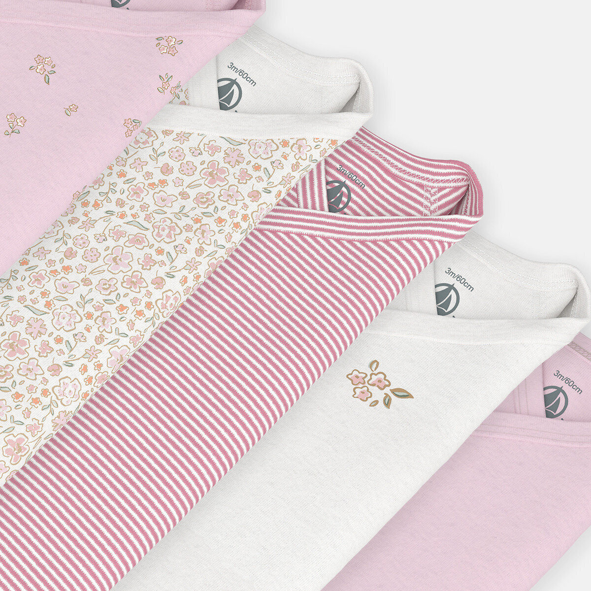 Confezione da 5 body nascita a maniche lunghe rosa + bianco, PETIT BATEAU