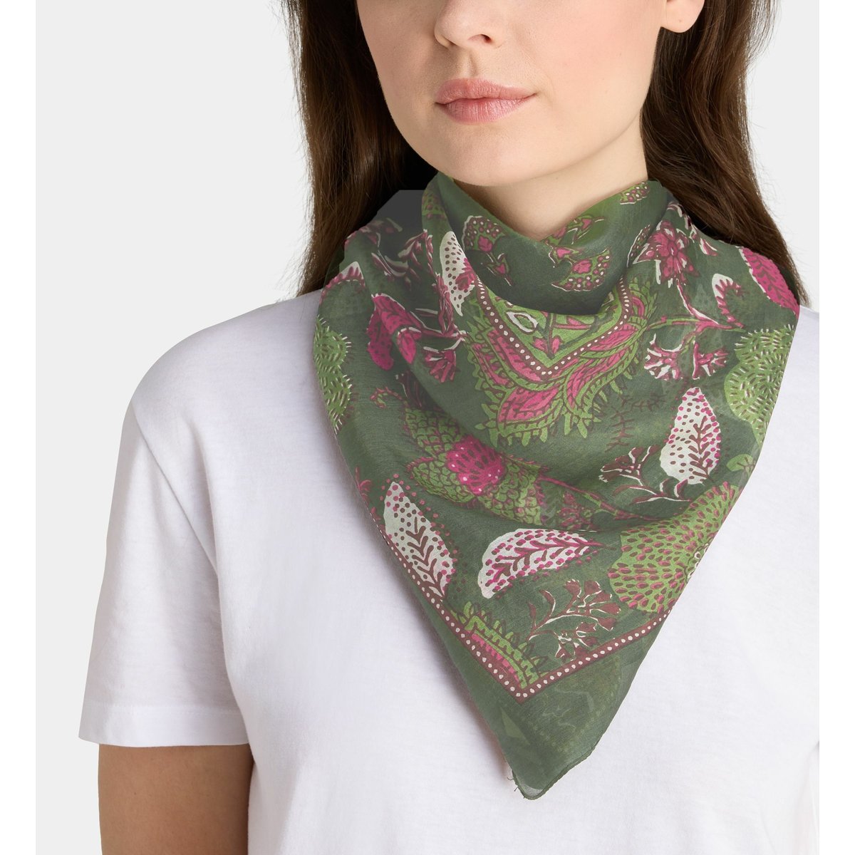 Foulard famaya fleuri en soie kaki, GALERIES LAFAYETTE