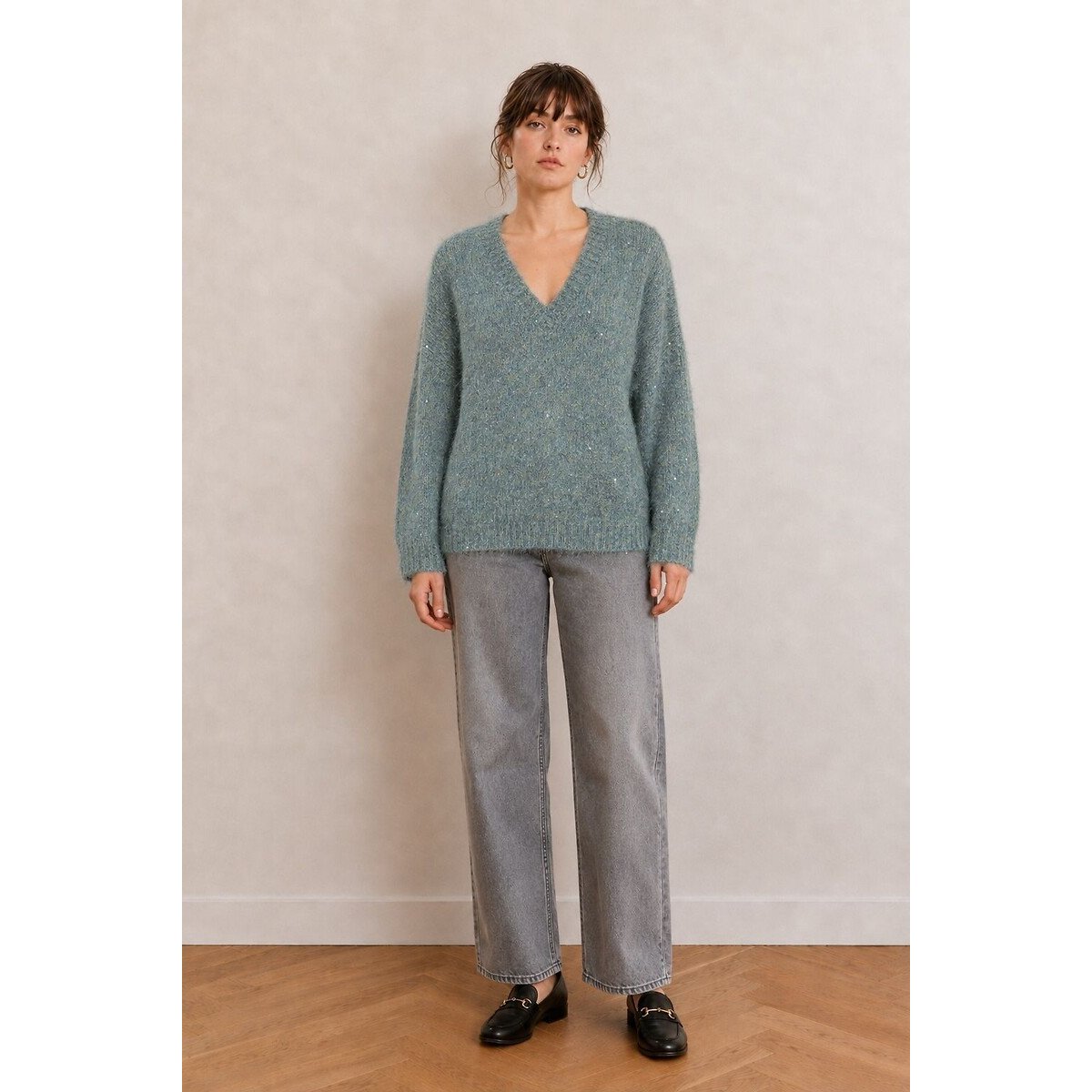 Pull col V, manches longues bleu turquoise, SEE U SOON