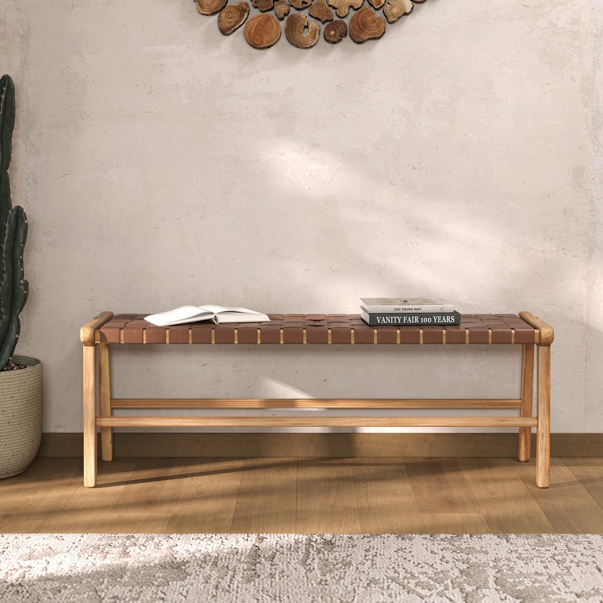 Banc 120 cm en cuir de teck - KUNA marron, MAISON PAVANE