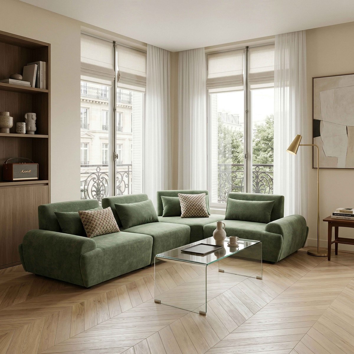 Fauteuil droit pour canapé modulable en tissu avec coussin dossier ajustable, CALLISTO vert, OVIALA