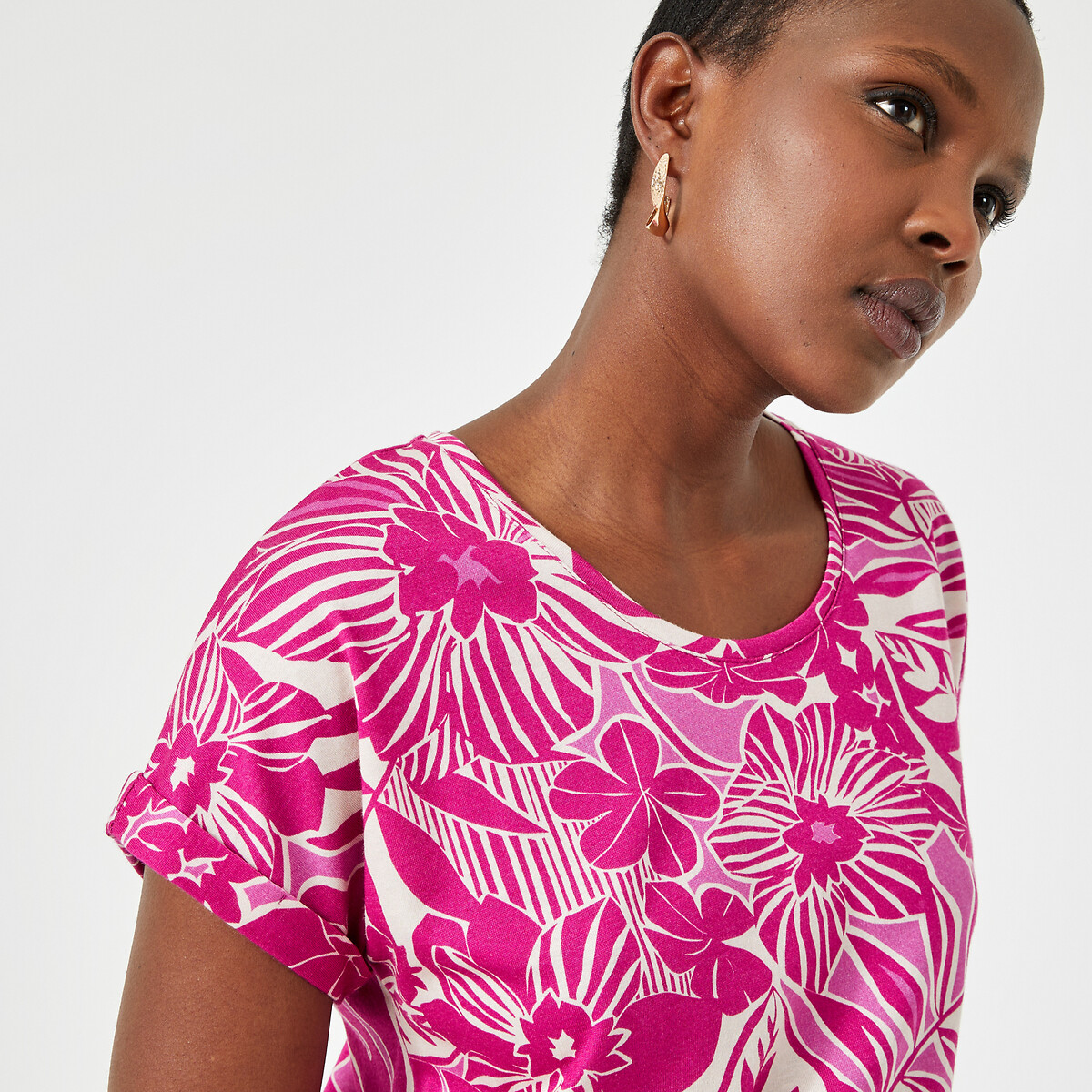 Floral Print T-Shirt with Crew Neck and Short Sleeves pink floral print, ANNE WEYBURN