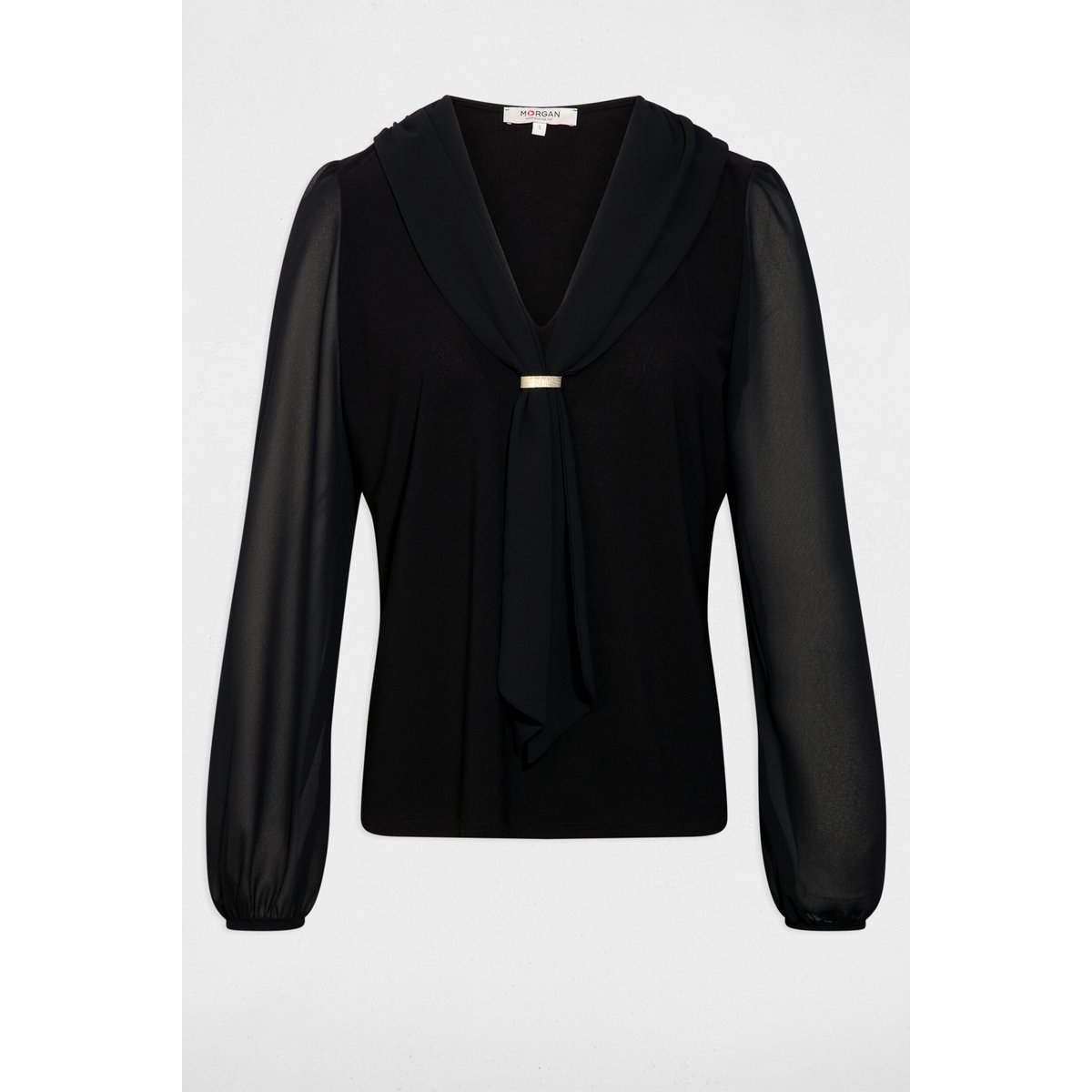 T-shirt voile col lavallière noir, MORGAN