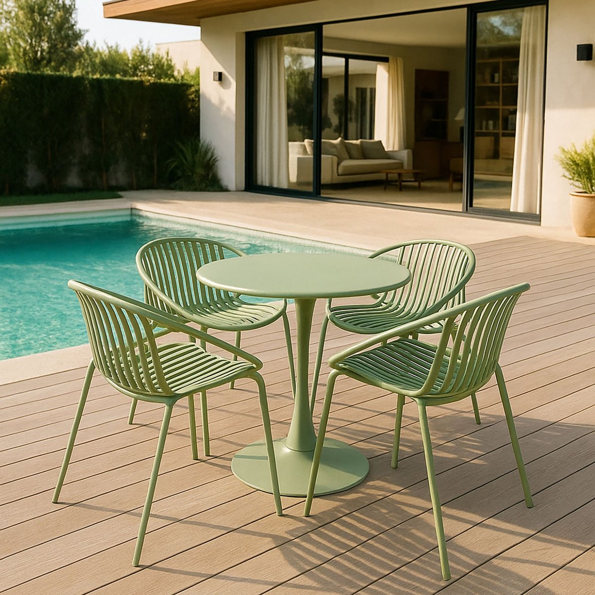 Lot de 4 fauteuils de table de jardin en polypropylène et métal, CALYPSO vert, NOW'S HOME