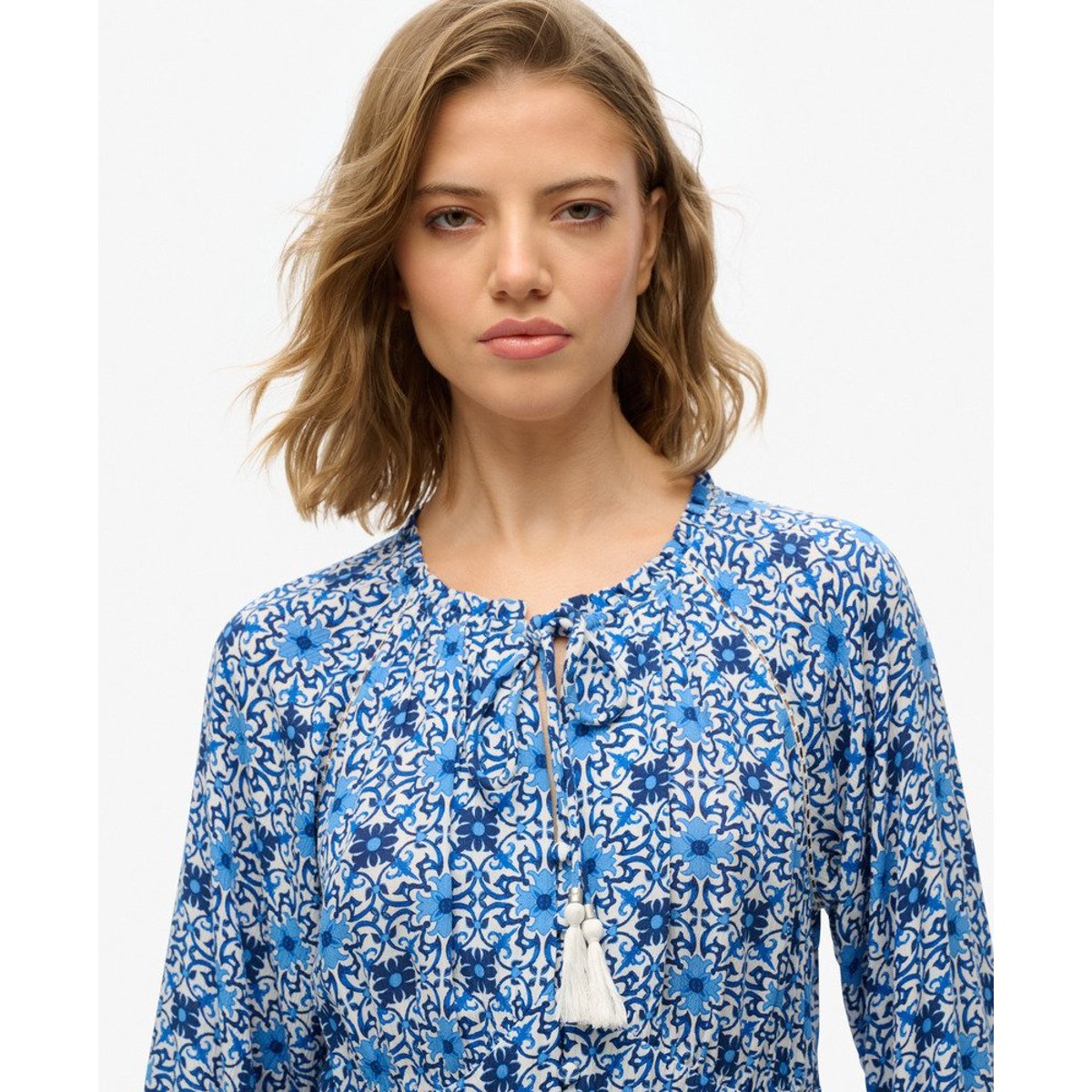 Robe mi-longue imprimée à manches longues bleu border tala tile, SUPERDRY