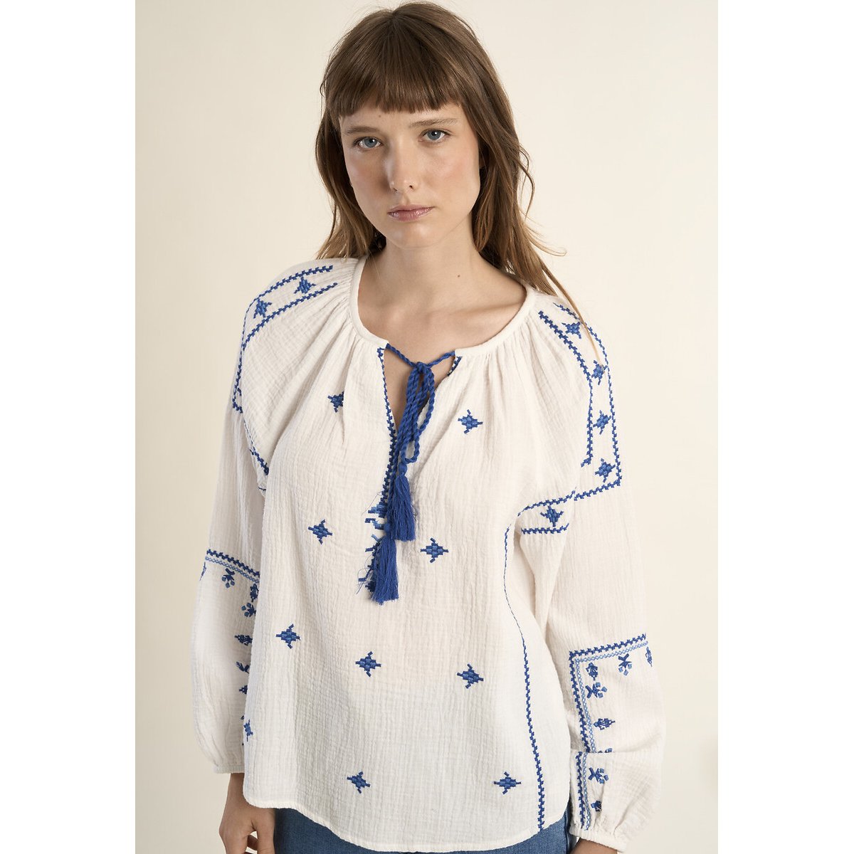 Embroidered Long Sleeve Blouse white, MOLLY BRACKEN