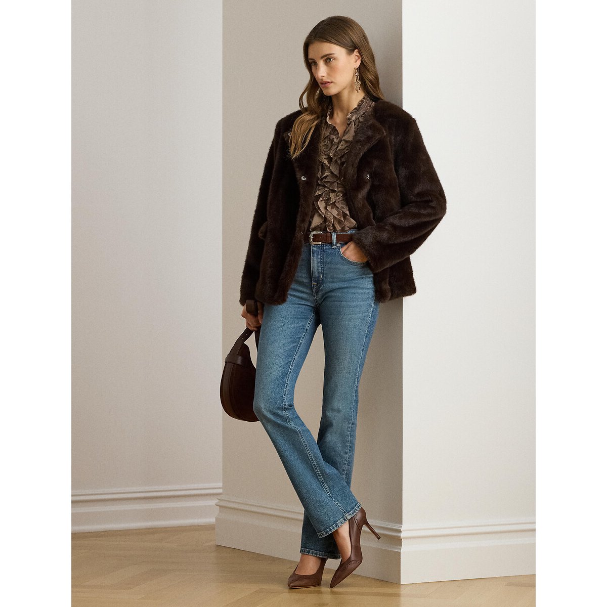 Manteau court duveteux à col rond  marron, LAUREN RALPH LAUREN
