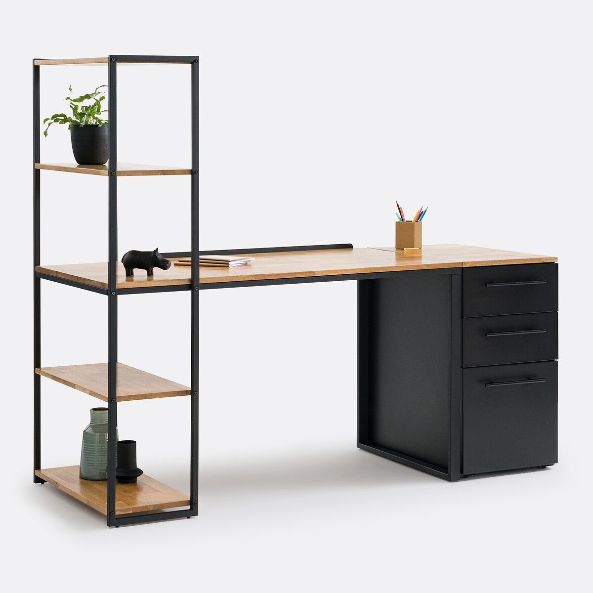 Hiba, Oak and Steel Metal Bookcase Desk oak/black, LA REDOUTE INTERIEURS