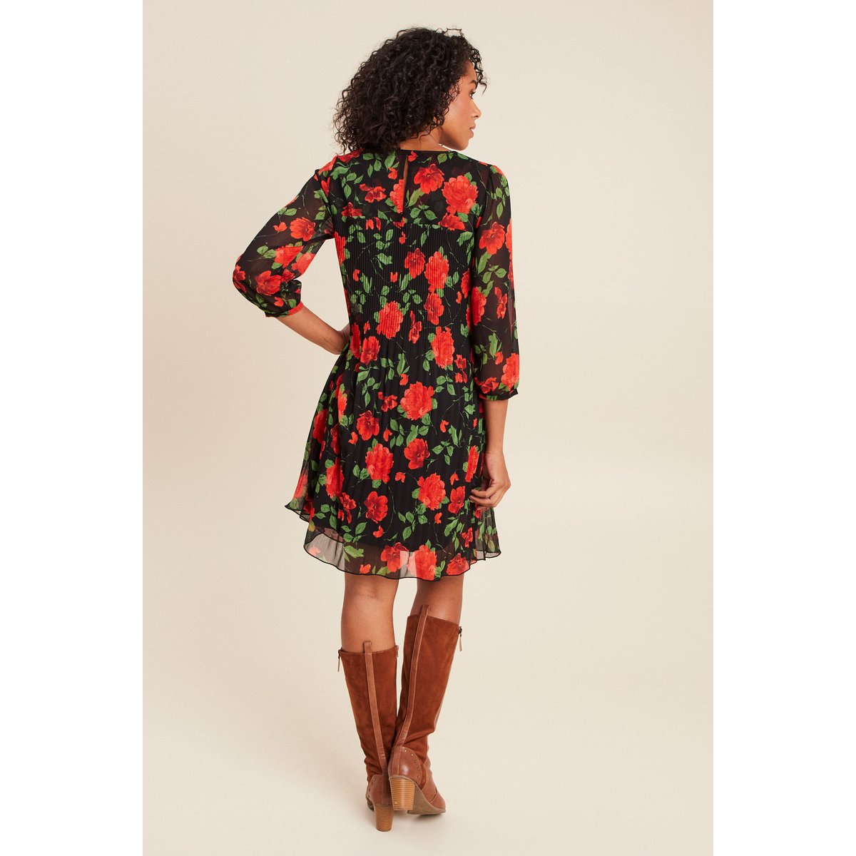 Robe courte évasée plissée manches 3/4 rouge, BREAL
