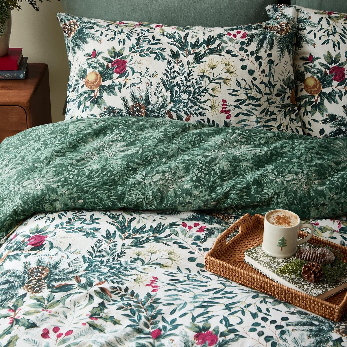 Winter Foliage Reversible Brushed Cotton Duvet Cover and Pillowcase Set pine green, WYLDER